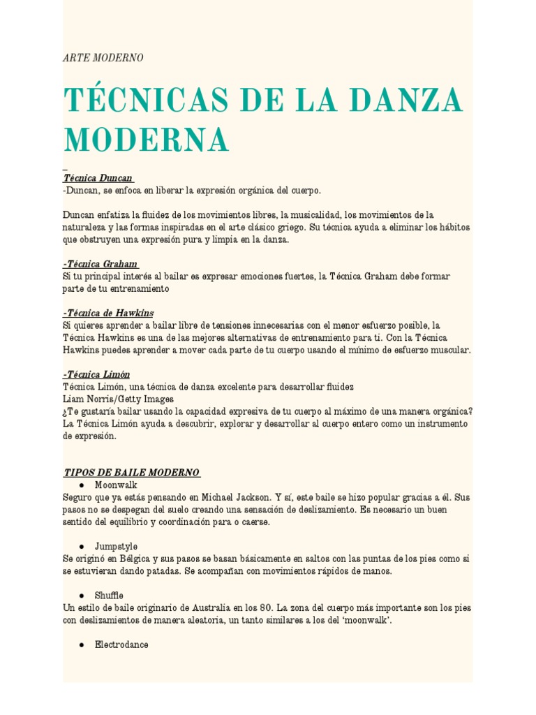 Técnicas y Tipos de Danza Moderna | PDF | Bailes | Las artes escénicas
