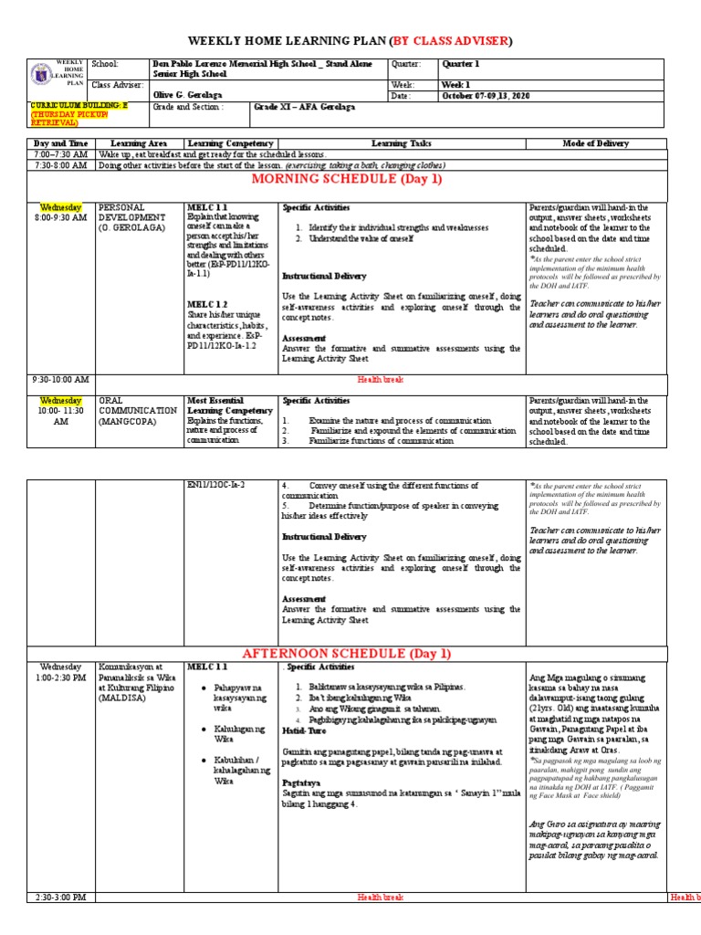 Weekly Home Learning Plan for Grade XI | PDF | Curriculum | Learning