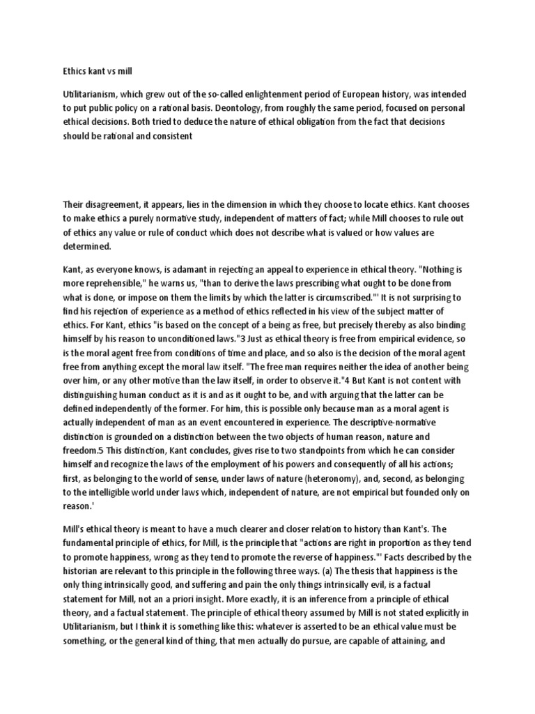 Ethics Kant Vs Mill PDF Utilitarianism Immanuel Kant