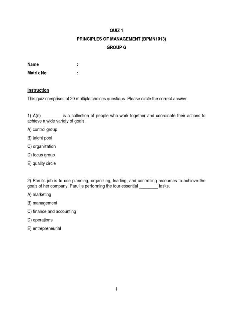 Principles of Management Quiz 1 | PDF | Division Of Labour | Economies