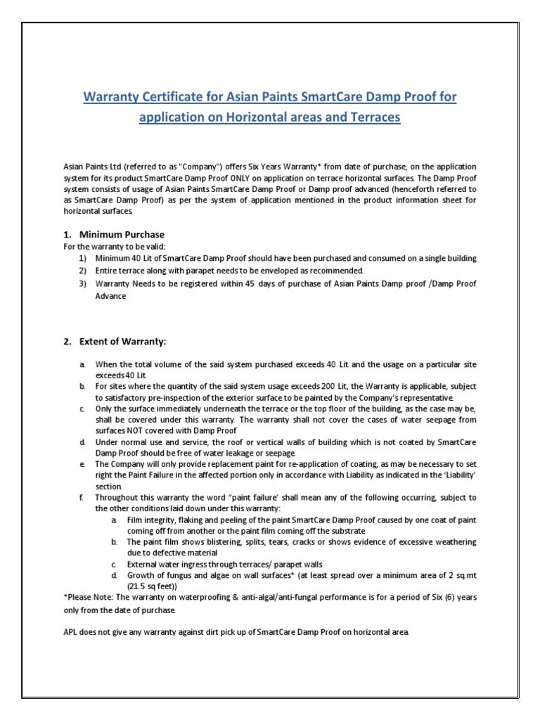 Warranty Certificate For Asian Paints Smartcare Damp Proof For