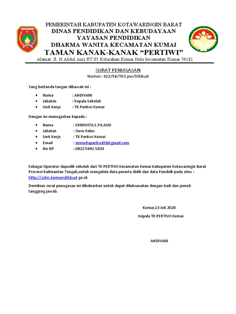 sURAT tUGAS oPERATOR DAPODIK | PDF