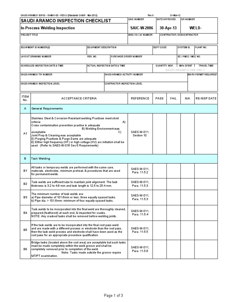 Saudi Aramco Inspection Checklist: In-Process Welding Inspection SAIC-W ...