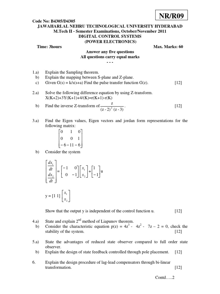 Digital Control Systems Exam Questions | PDF | Control Theory | Algebra