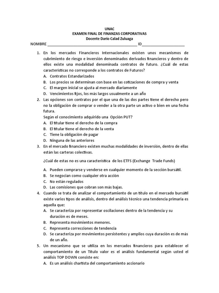 Examen Final de Finanzas Corporativas | PDF | Opción (Finanzas) | Bolsa