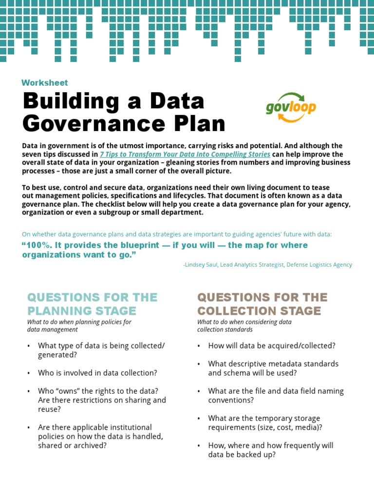 Data Governance Plan Worksheet PDF Metadata Archive