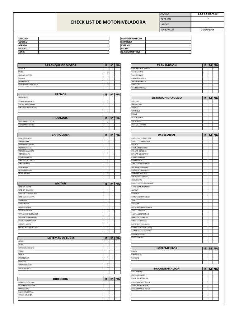 Checklist de Motoniveladora Excel | PDF | Tecnología de vehículos ...
