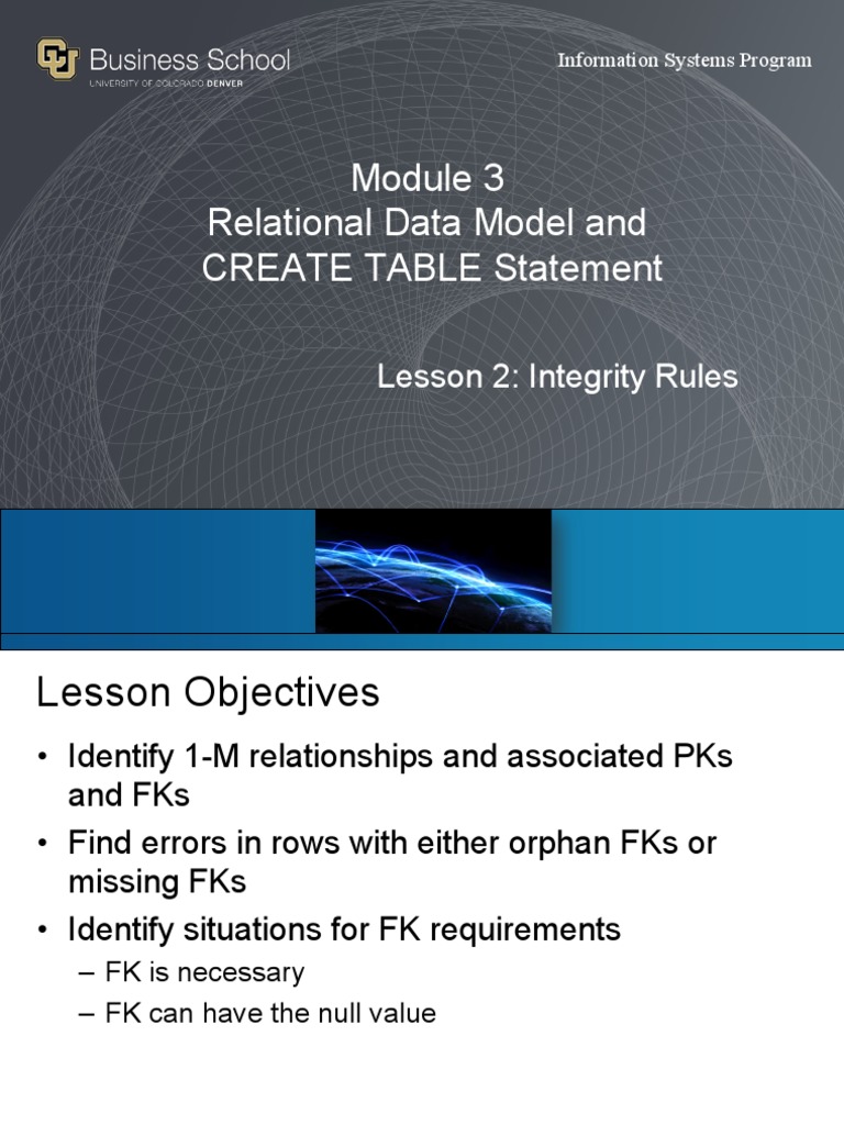 Relational Data Model and CREATE TABLE Statement: Lesson 2: Integrity ...