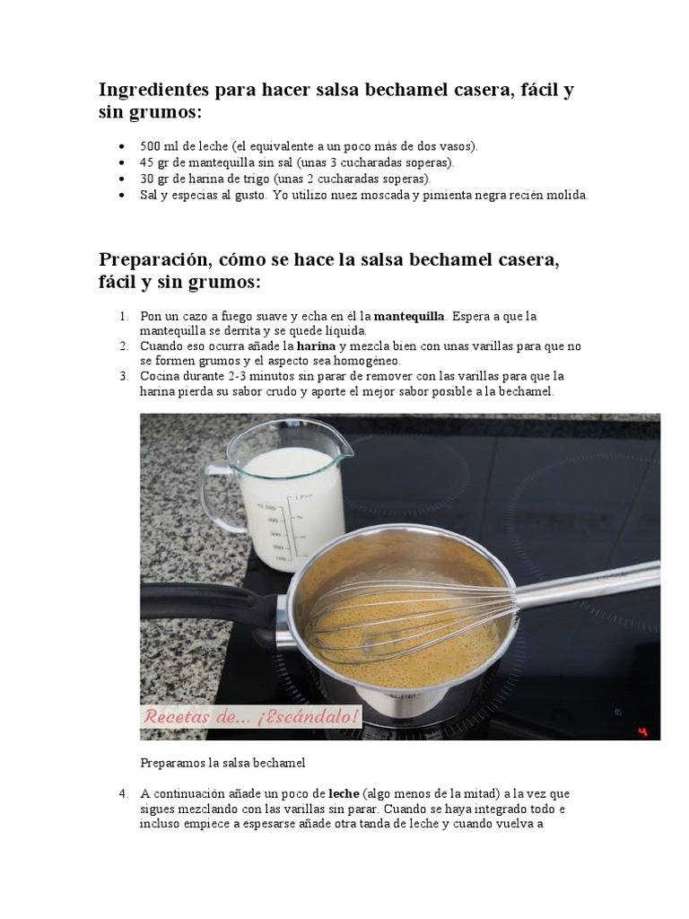 Ingredientes para Hacer Salsa Bechamel Casera | PDF | Salsa | Preparación  de comida y bebida