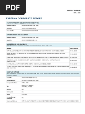 Experian Corporate Report Particulars Of The Subject Provided By You Pdf Equity Finance Balance Sheet