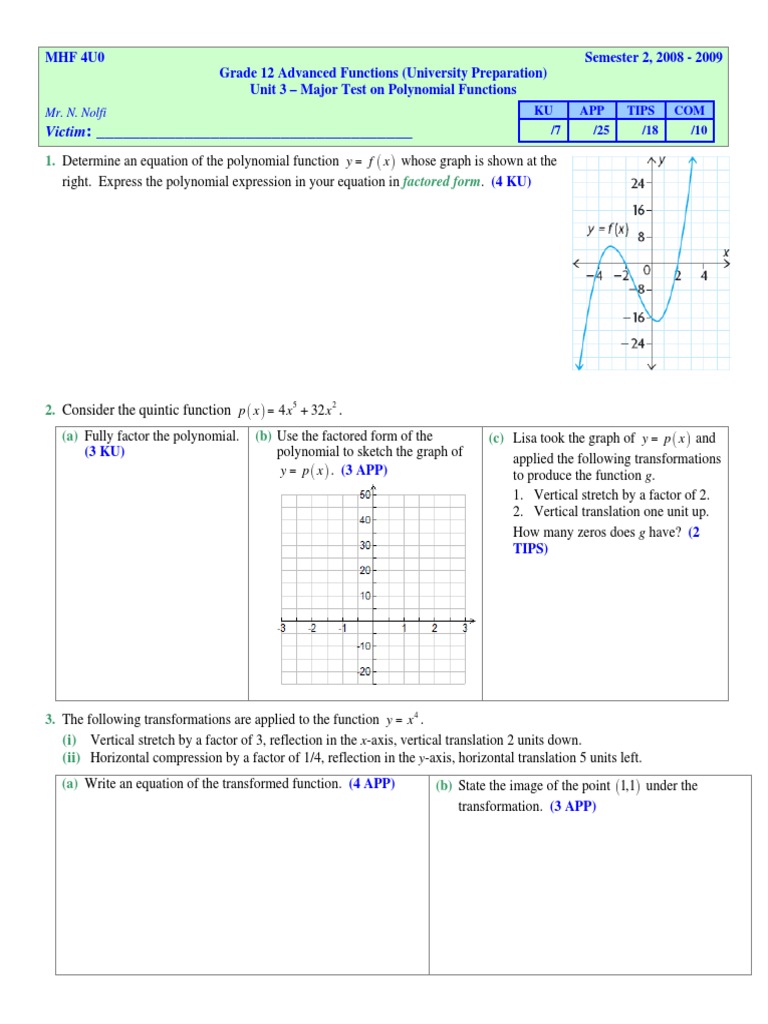 Polynomial Functions Test Overview | PDF | Polynomial | Function ...