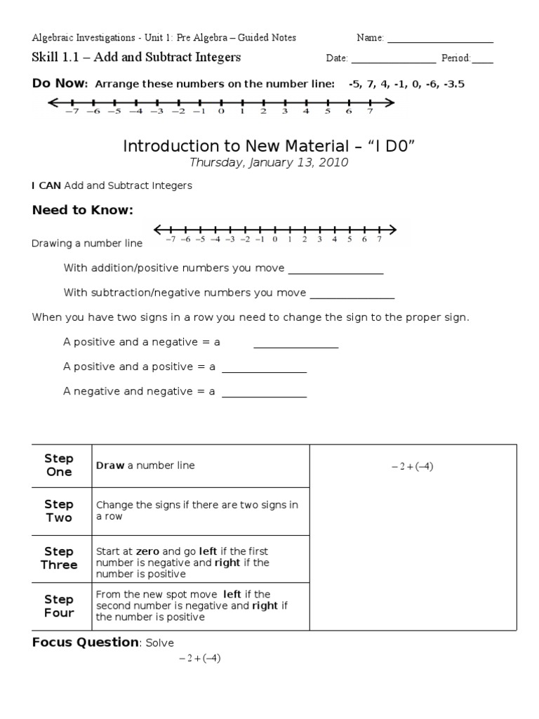 Pre-Algebra Guided Notes: Adding Integers | PDF