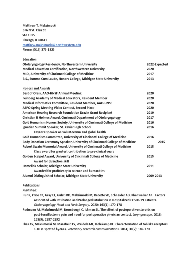 Maksimoski CV | PDF | Medical School | Residency (Medicine)