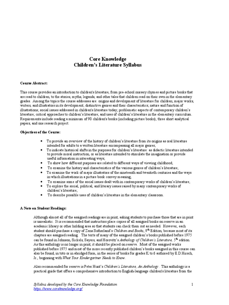 Core Knowledge Children's Literature Syllabus Course Abstract PDF