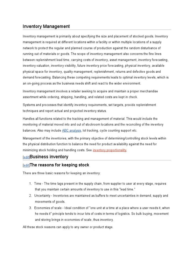 Inventory Management The Reasons For Keeping Stock PDF Inventory