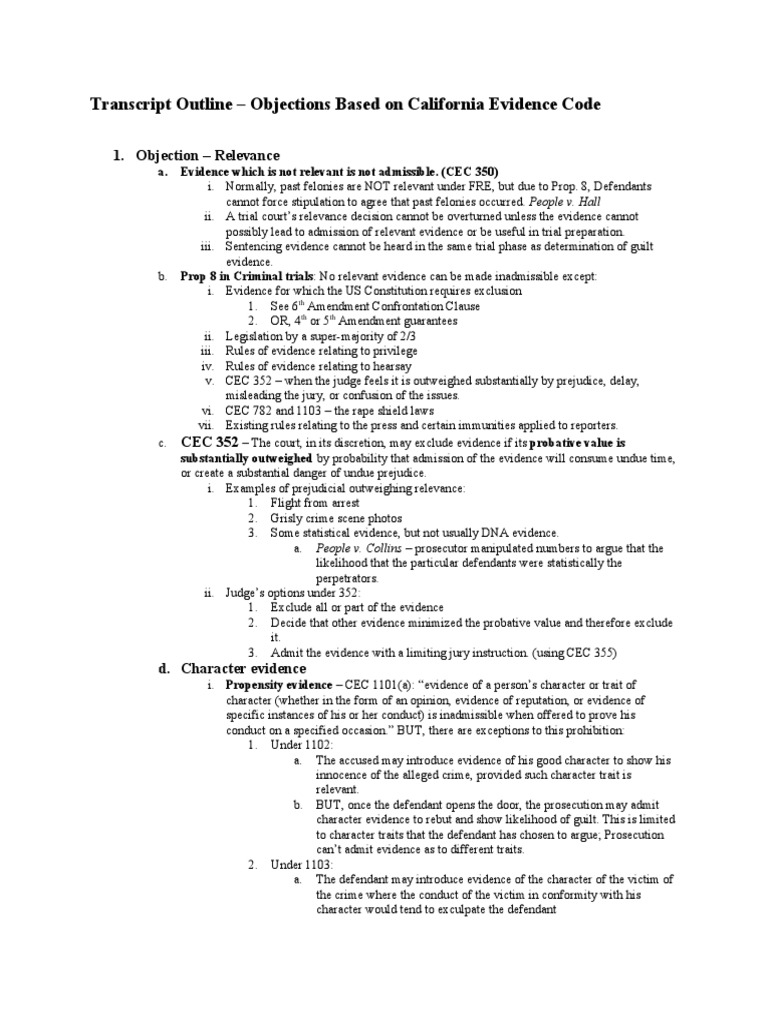 California Evidence Code Transcript outline
