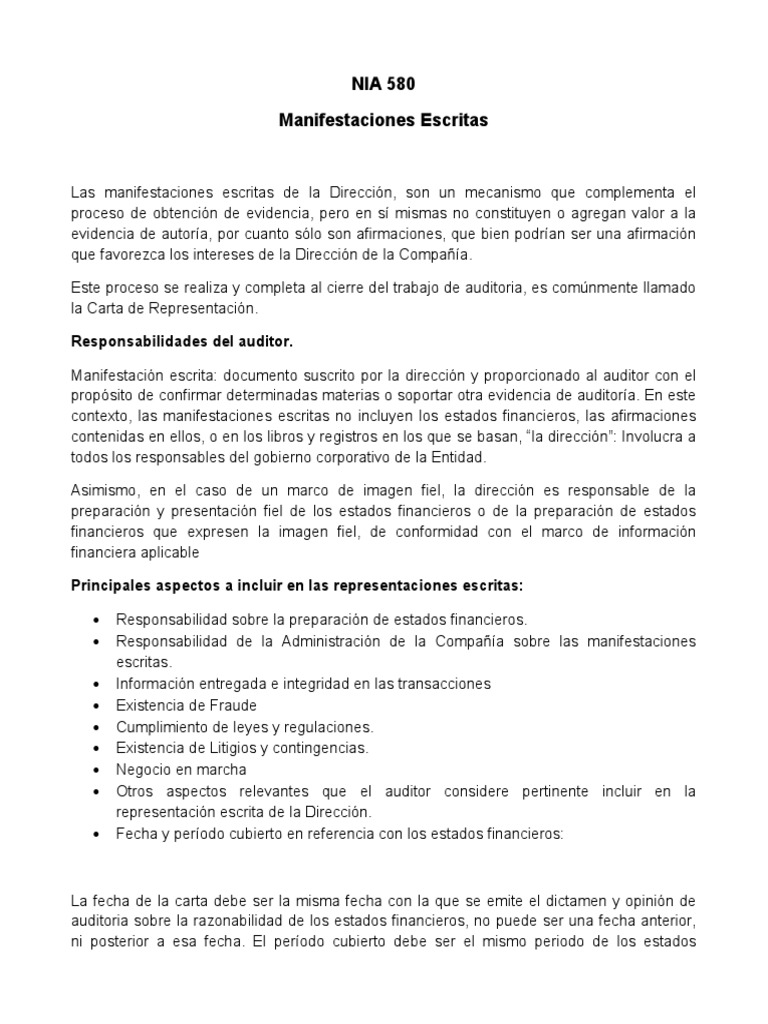 Esquema NIA 580 | PDF | Auditoría | Contralor