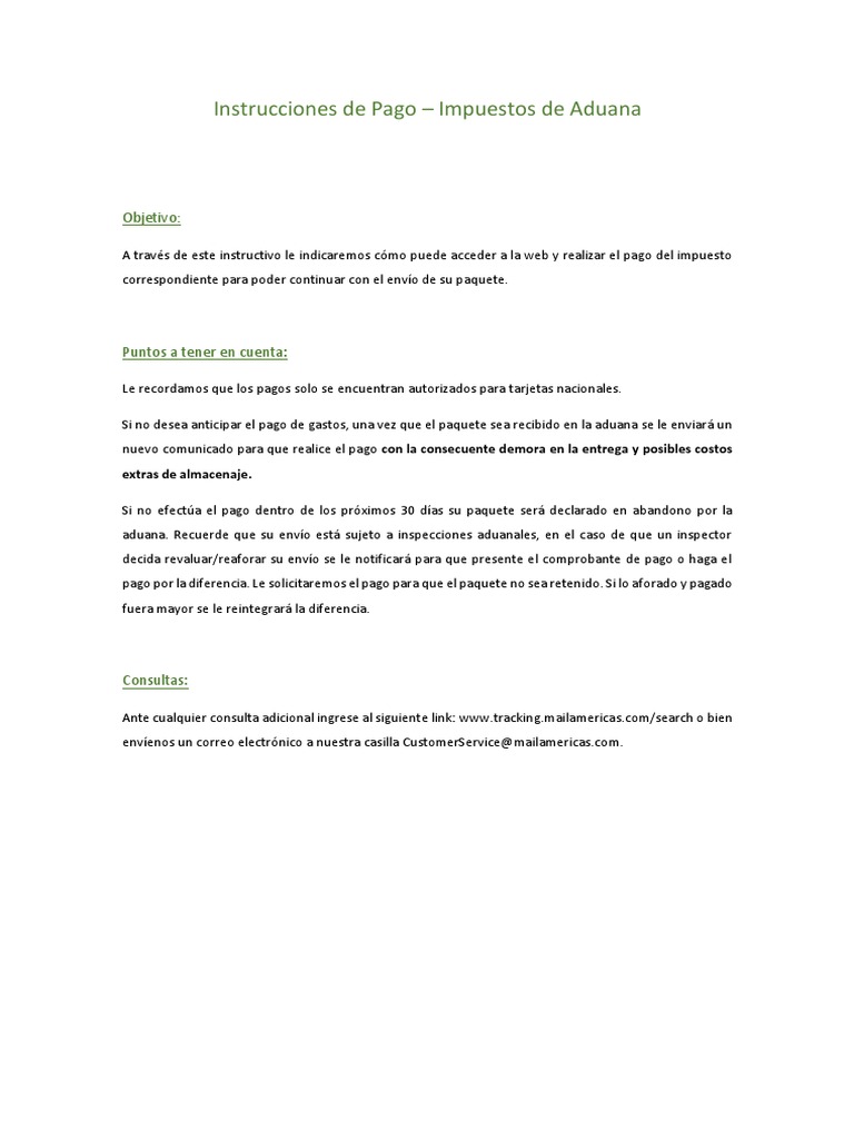 Instrucciones de Pago de Aduana MailAmericas | PDF | Negocios ...