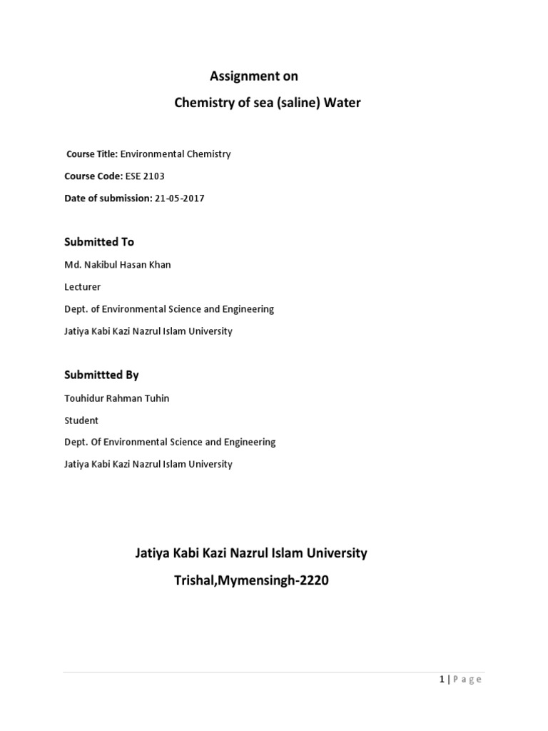 Assignment On Chemistry of Sea (Saline) Water: Submitted To | PDF ...