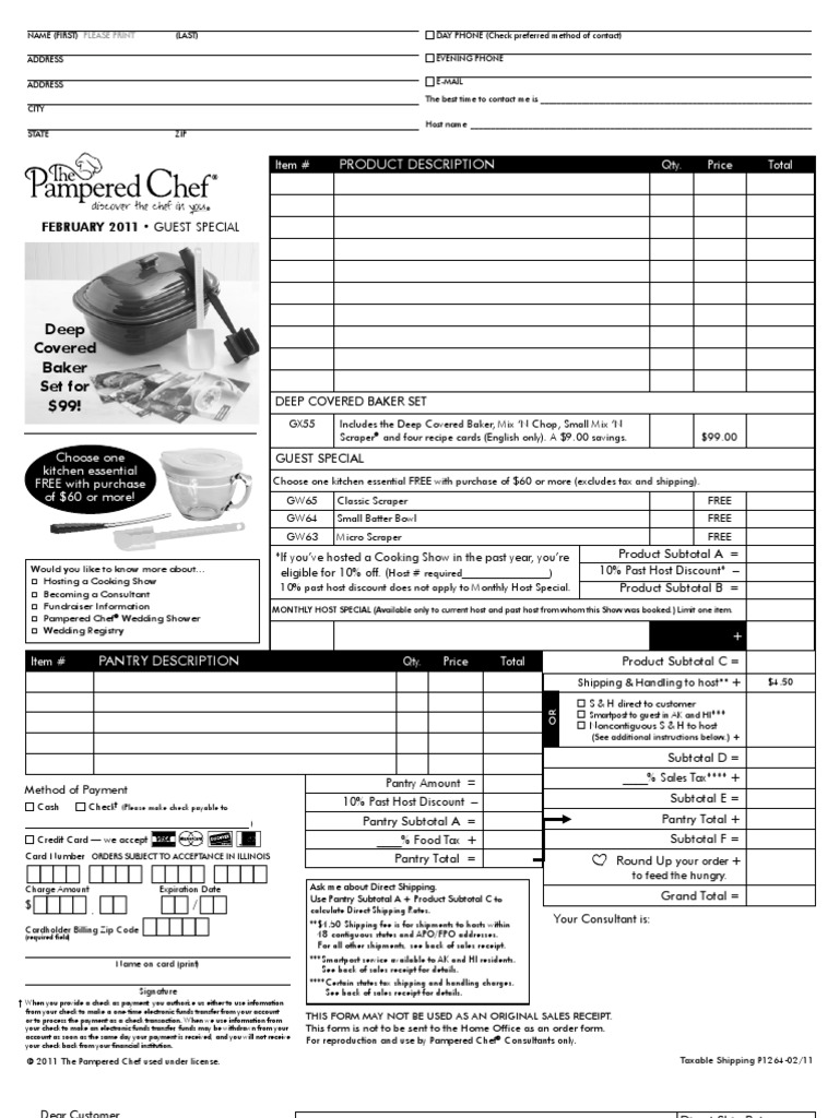 Pampered Chef order form Feb 2011 | Receipt | Cheque