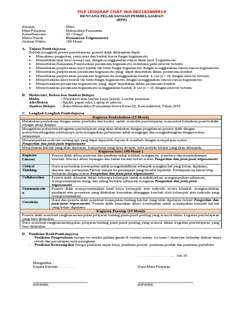 Contoh Rpp 1 Lembar Mtk Peminatan Kelas Xi Pdf