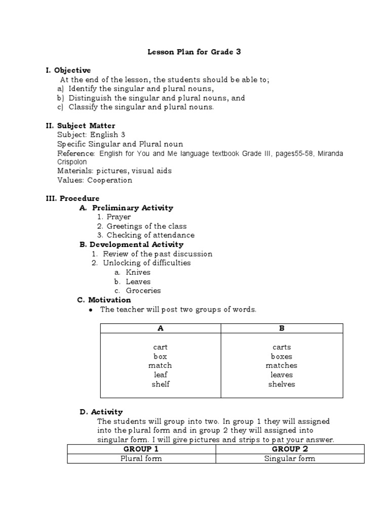Grade 3 Singular and Plural Nouns Lesson | PDF | Plural | Grammatical ...