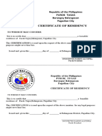 Certificate of Residency: Republic of The Philippines Purok Tugas Barangay Balangasan Pagadian City
