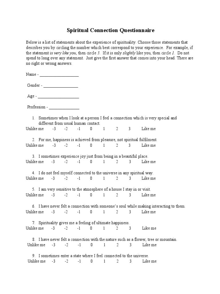 Spiritual Connection Assessment | PDF | Behavioural Sciences ...