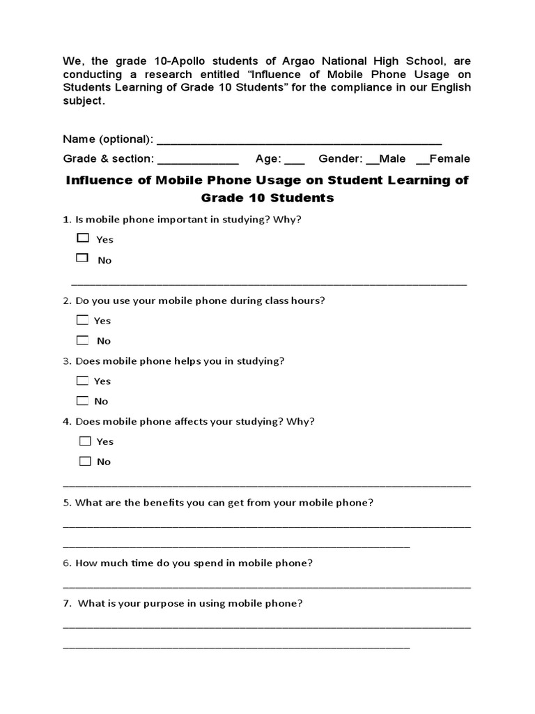 Influence of Mobile Phone Usage On Student Learning of Grade 10 Students PDF