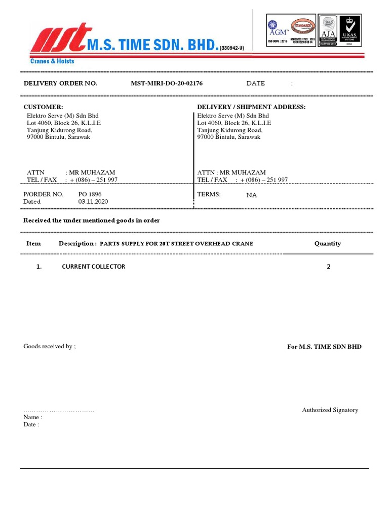 Delivery Order for Crane Parts Supply | PDF