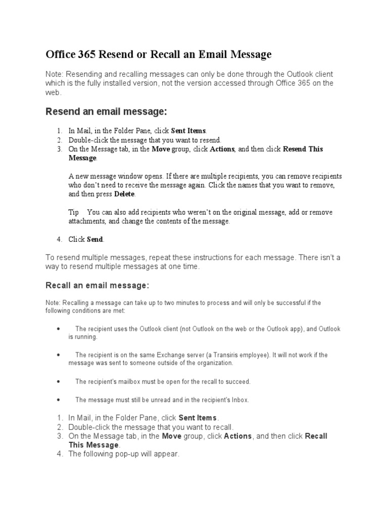 Office 365 Email Resend & Recall Guide | PDF | Career & Growth