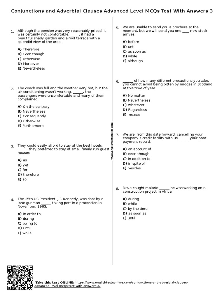 Conjunctions and Clauses MCQs Test | PDF | Nature | Business