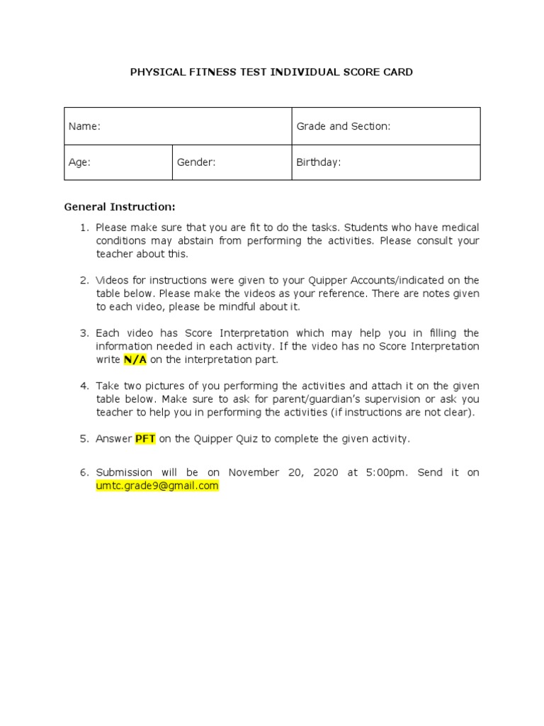 Physical Fitness Test Individual Score Card Download Free Pdf