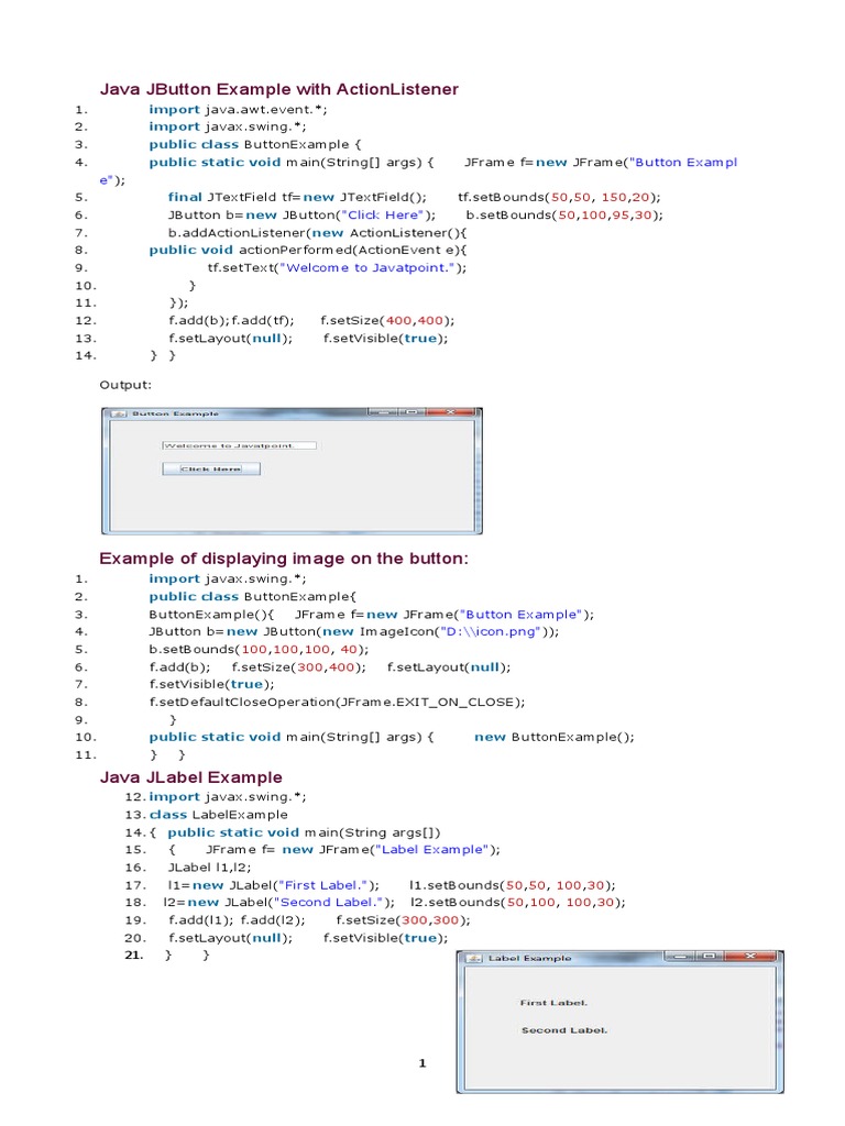 Java Jbutton Example With Actionlistener "Button Exampl E" "Click Here