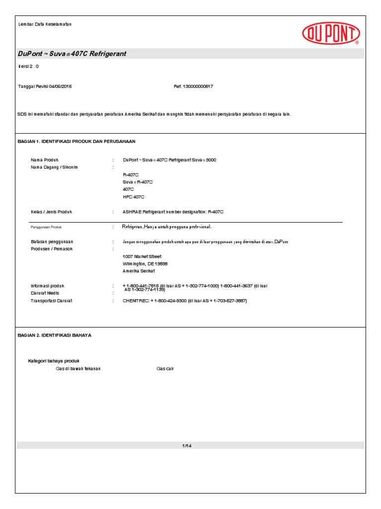 MSDS DuPont R407C | PDF