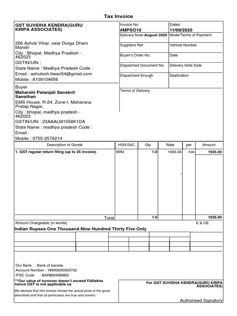 #MPSO10 Invoice August 2020 PDF | PDF | Invoice | Taxation