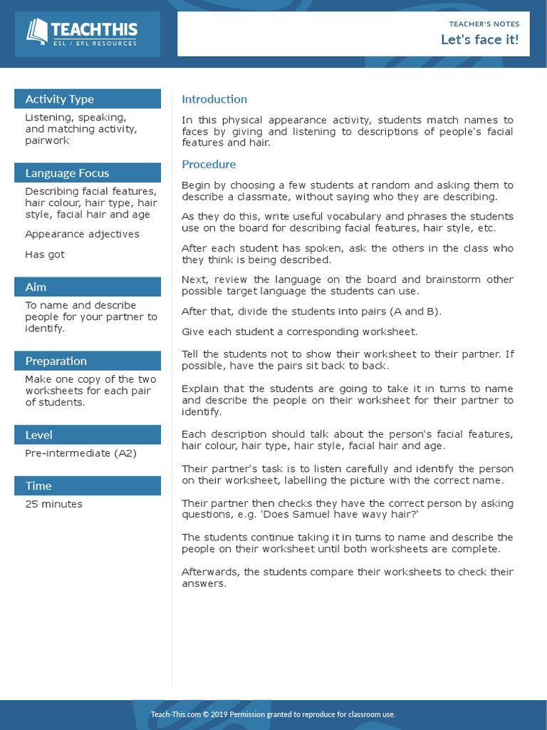 Let's Face It!: Activity Type | Download Free PDF | English As A Second ...