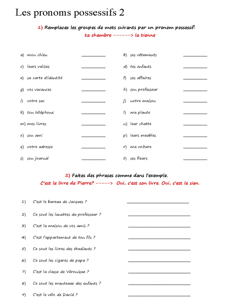 Les Pronoms Possessifs Exercices Pdf Pronoms Possessifs Exercice Grammatical Feuille Dexercices - 29186 | PDF
