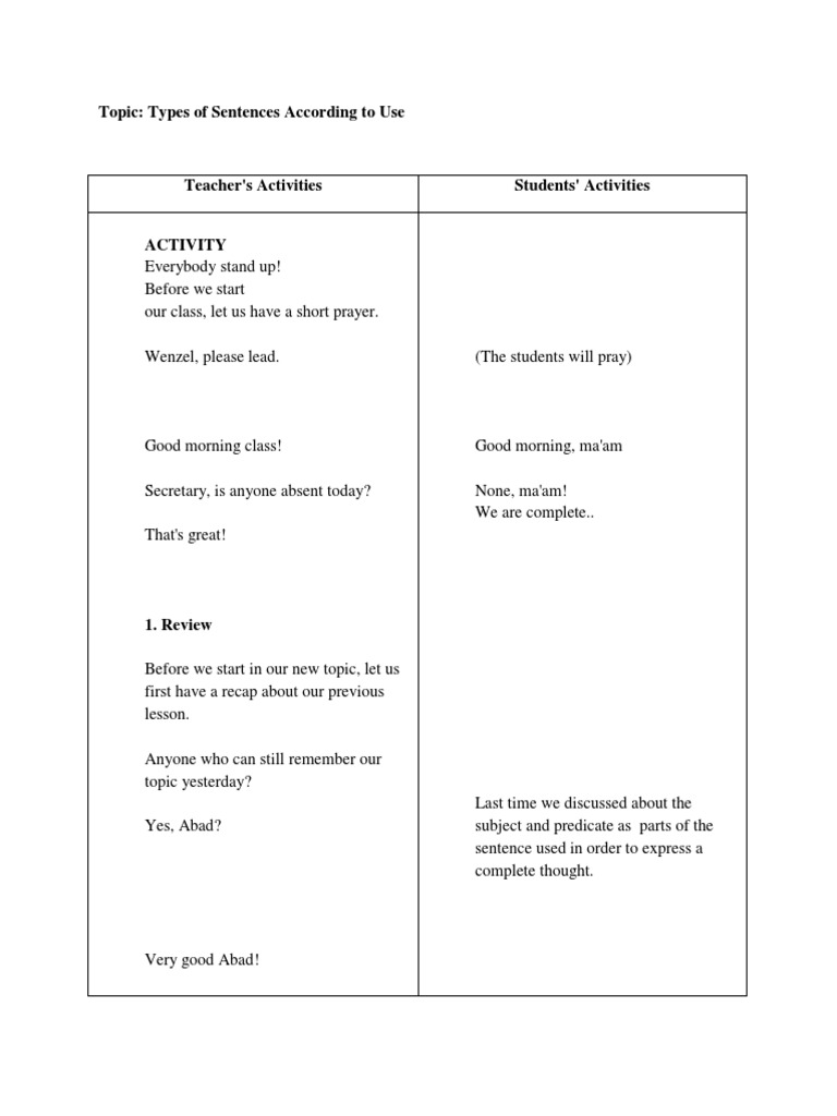 LP Types of Sentences According To Use Fs Role Playing PDF Question