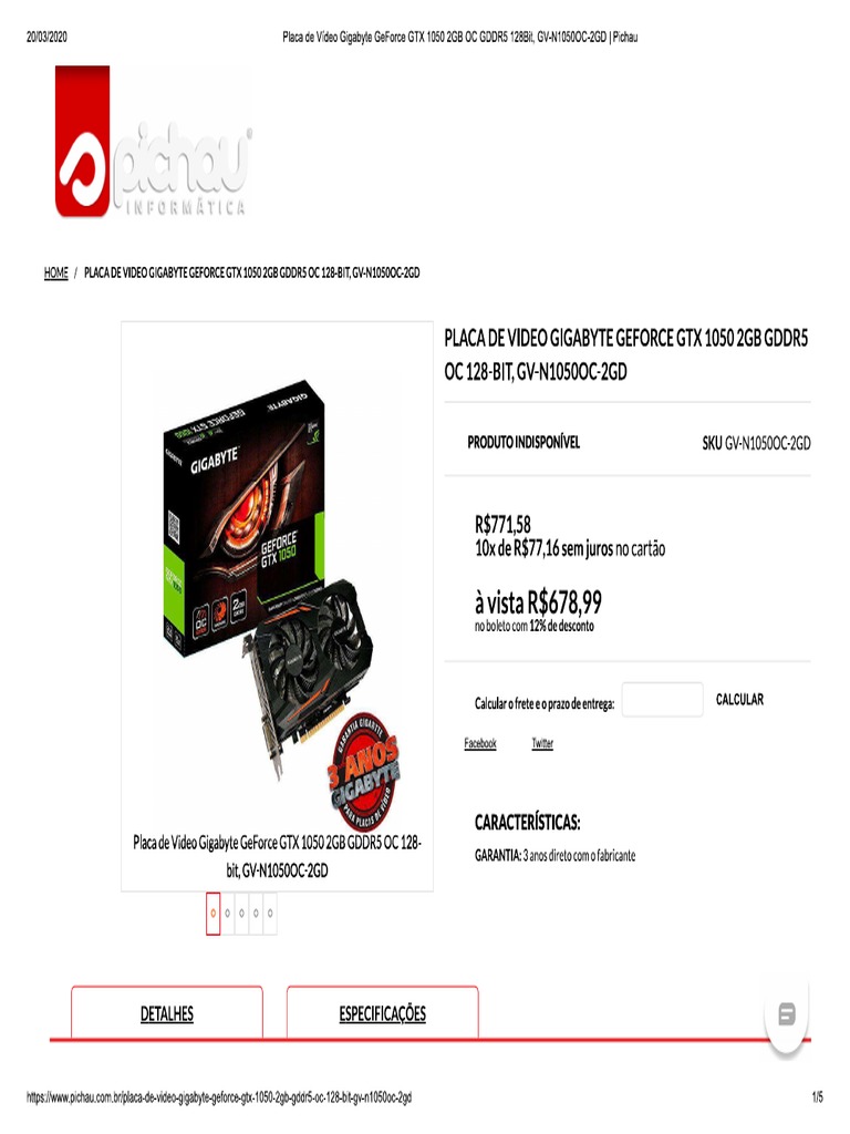 Placa de Vídeo Gigabyte GeForce GTX 105... GDDR5 128bit, GV-N1050OC-2GD ...