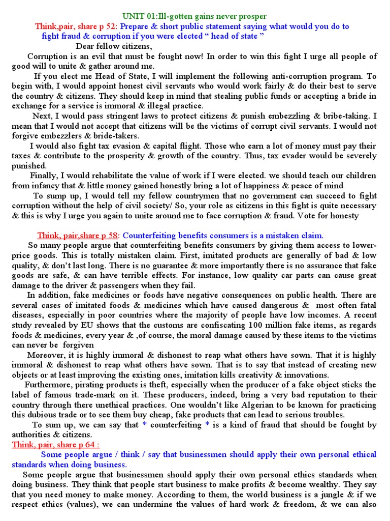 UNIT 01 ill Gotten Gains Never Prosper Think Pair Share P 52 PDF