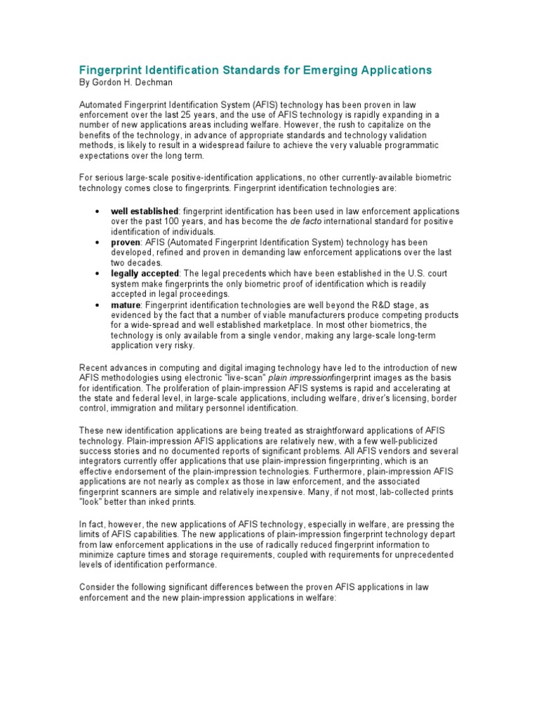 Fingerprint Identification Standards for Emerging Applicatio Fingerprint Identity Document