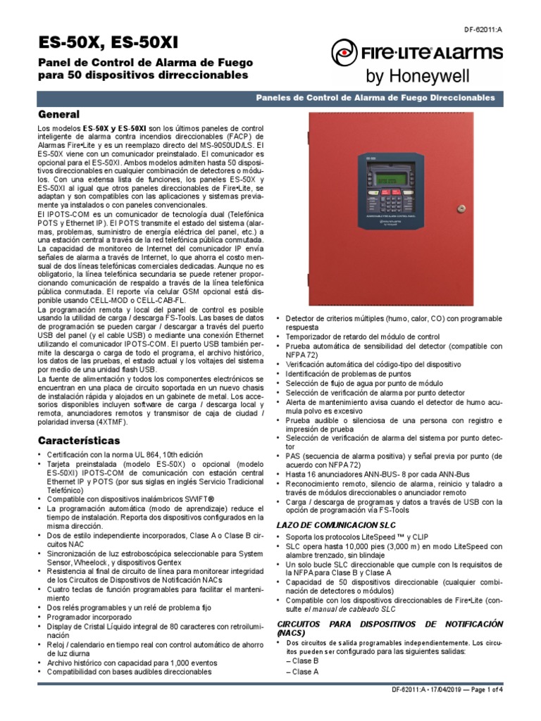 ES50X, ES50XI Panel de Control de Alarma de Fuego DataSheet (50