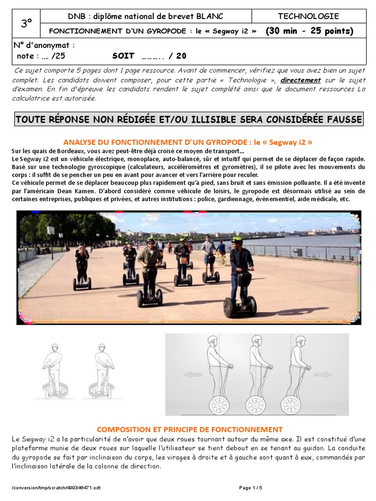 Fonctionnement Du Segway I2 En Technologie PDF Science Science Et 