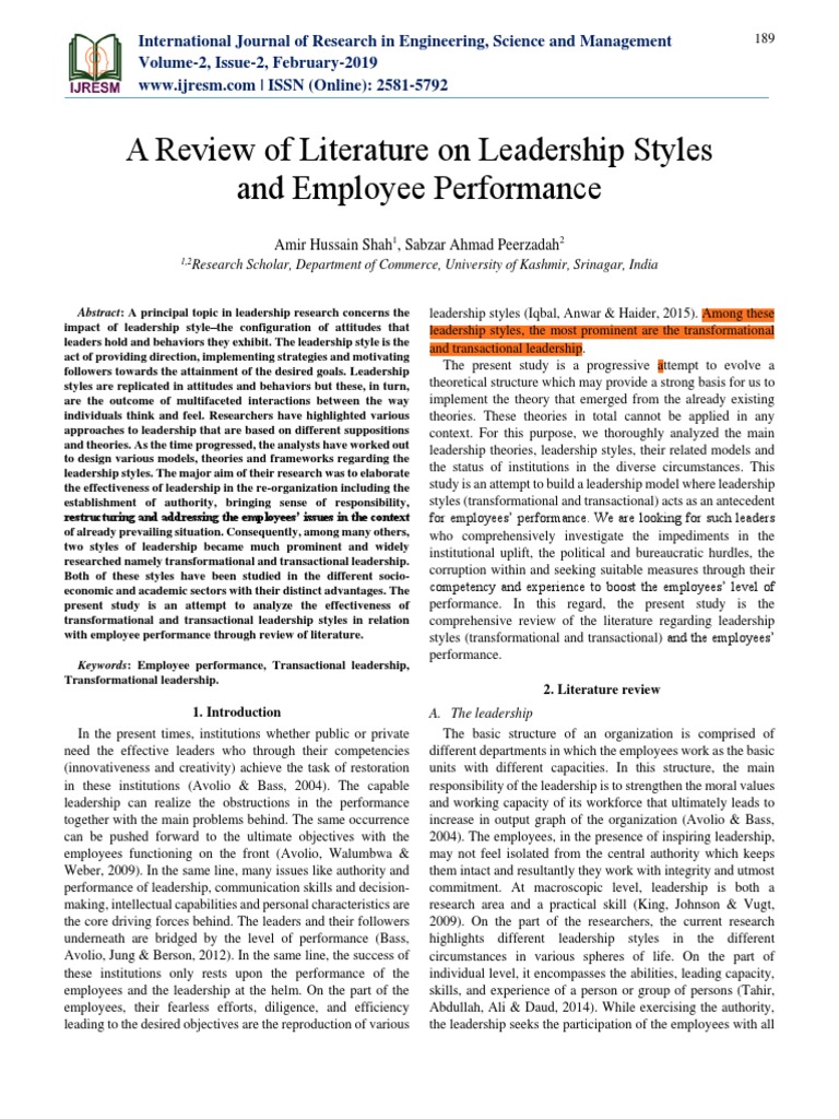A Review of Literature On Leadership Styles and Employee Performance ...