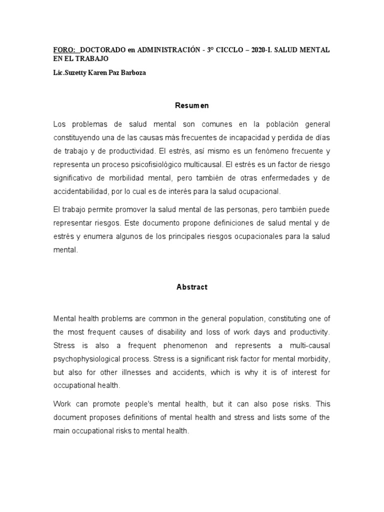 Salud Mental en El Trabajo - EXPOSICION | PDF | Trastorno mental ...