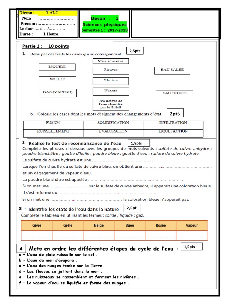 Devoir 1 Modele 6 Physique Chimie 1ac Semestre 1 | PDF | Matériaux ...