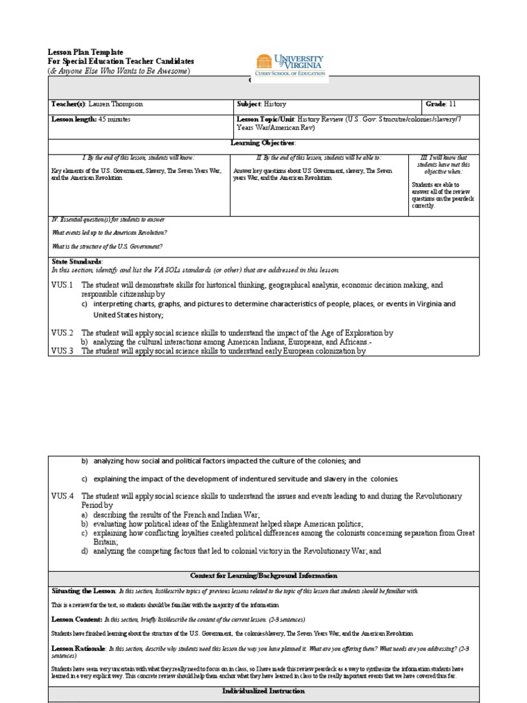 Special Ed History Lesson Plan Template | PDF | Educational Assessment ...