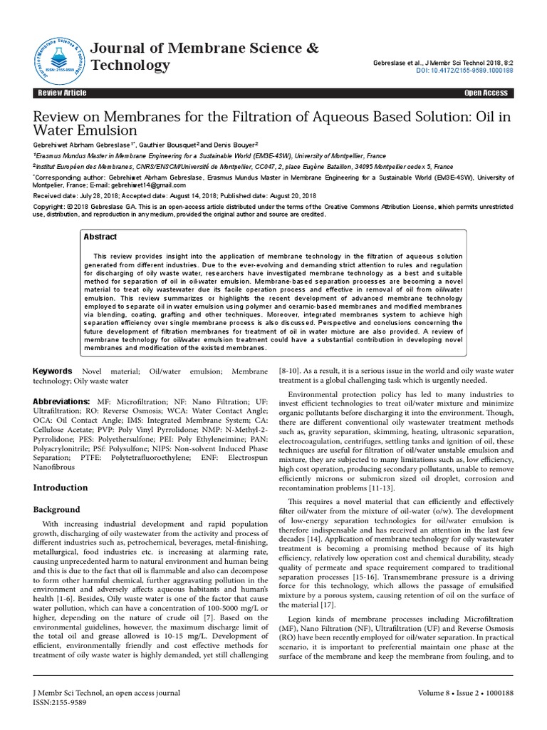 Review On Membranes For The Filtration of Aqueous Based Solution Oil