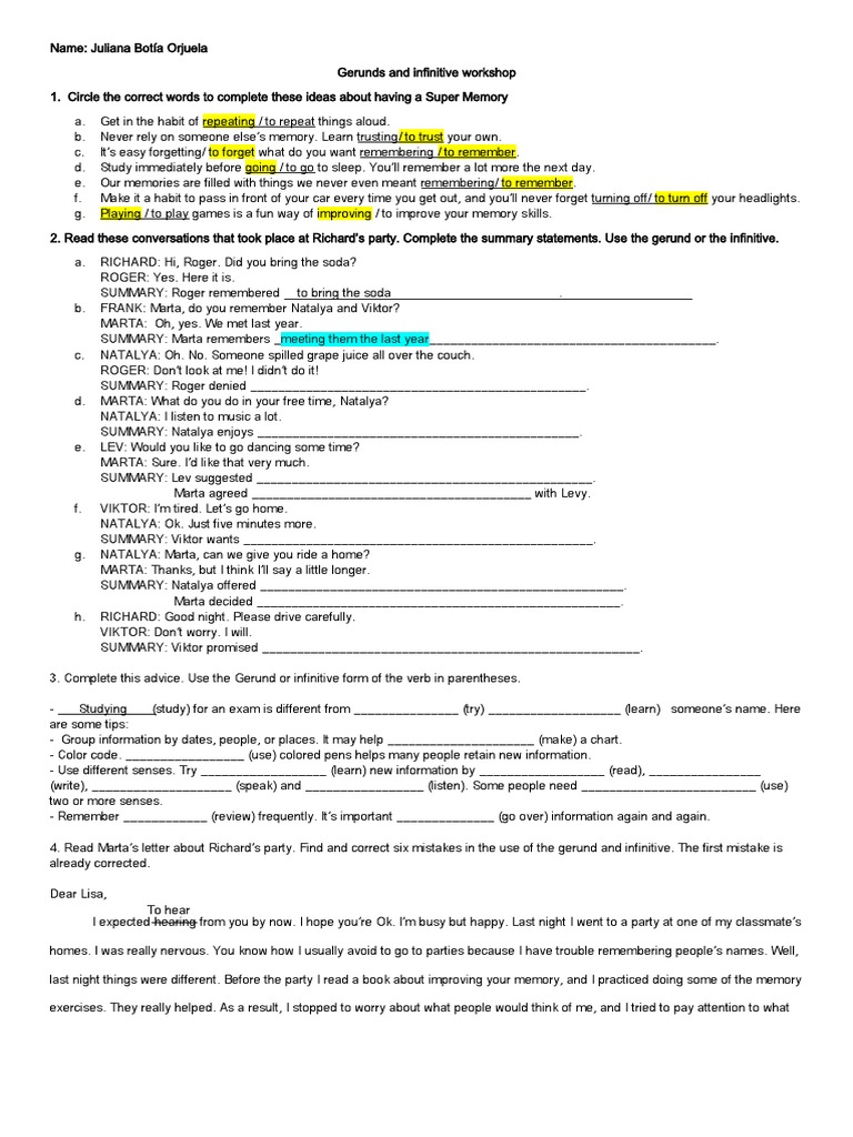 Gerunds and Infinitive Worksheet | PDF | English Language